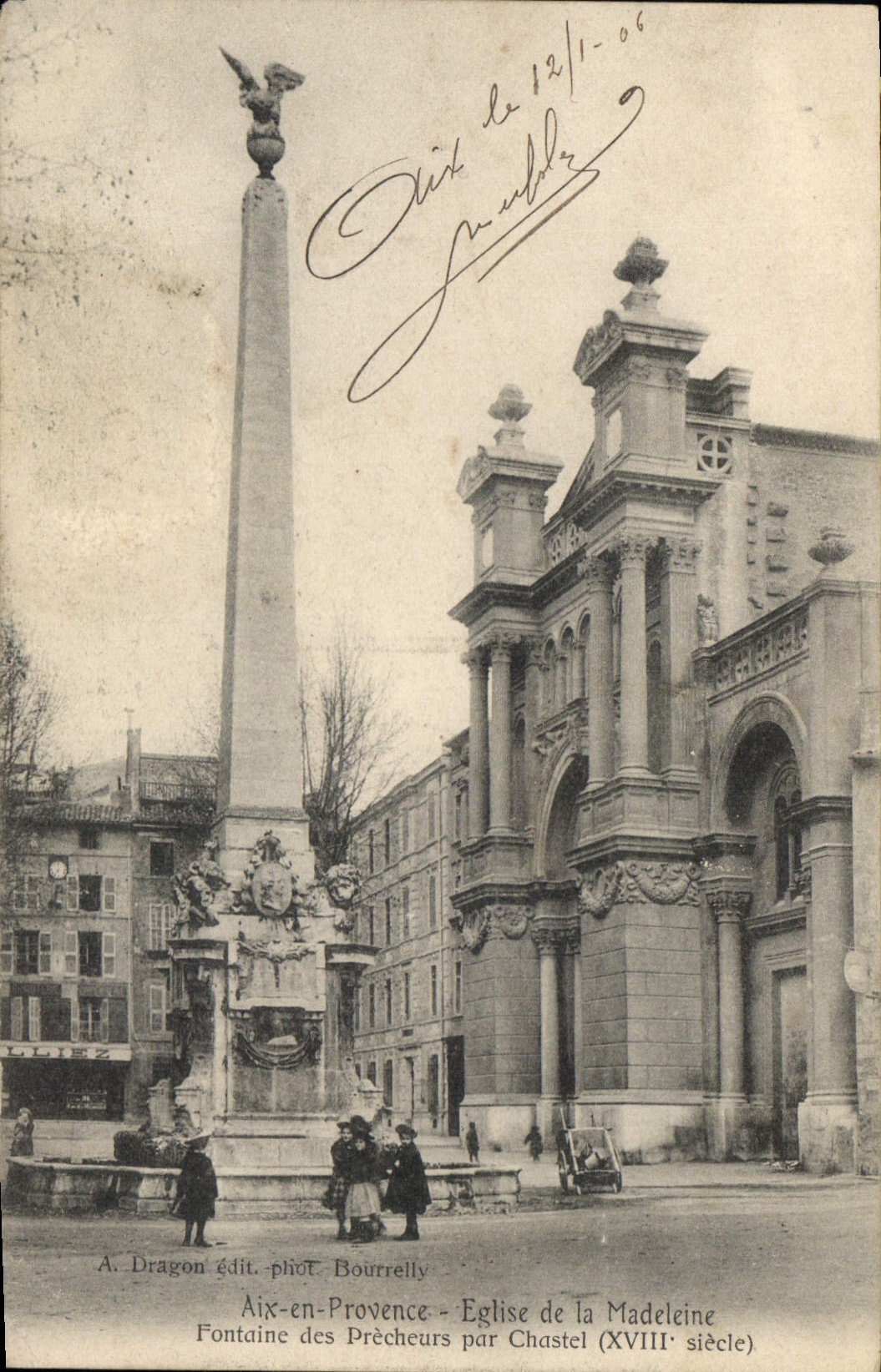 Aix-en-Provence — Fontaine des Précheurs et Église de la Madeleine — A. Dragon édit. phot. Bourrèlly