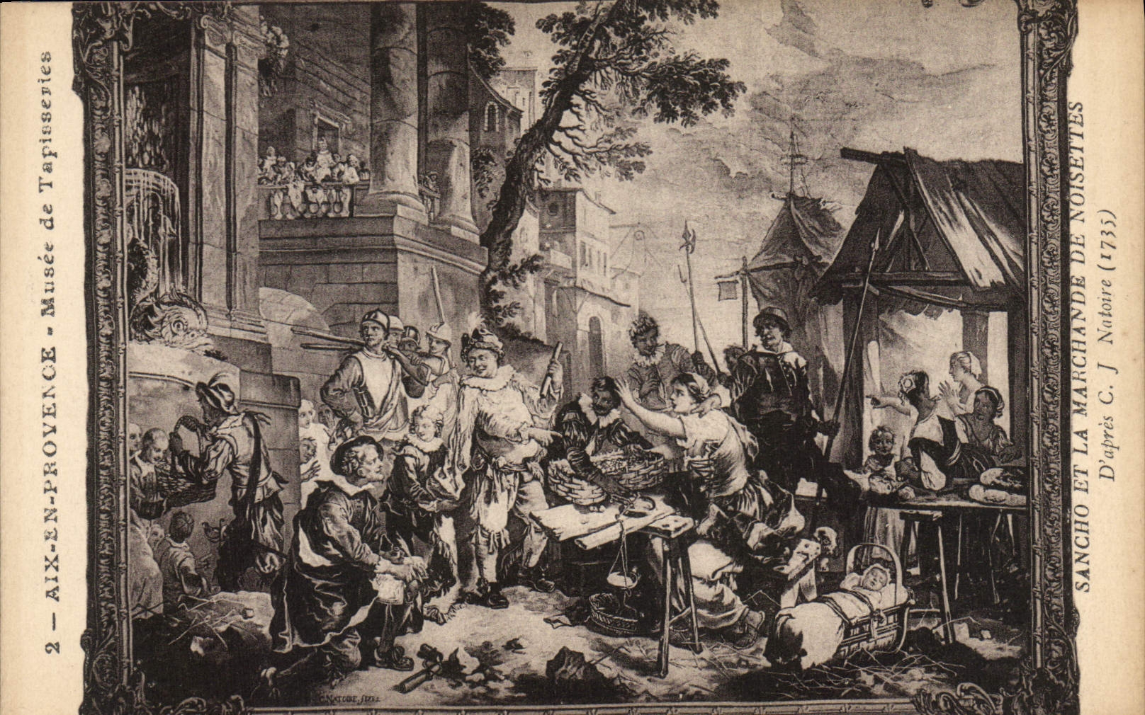 Sancho et la marchande de noisettes — scène de la comédie de C. J. Natoire (1735) — Musée des Tapisseries, Aix-en-Provence