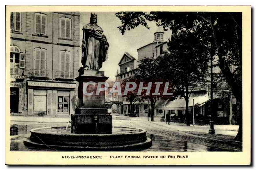 Tarjeta postal antigua Aix en Provence place Forbin estatua del Rey René