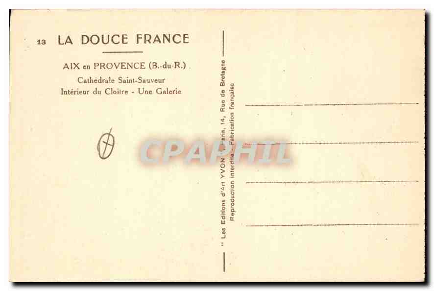 Aix-en-Provence — Kathedrale Saint-Sauveur — Innenansicht des Kreuzgangs — Une Galerie — Éditions d'Art YVON — Rückseite
