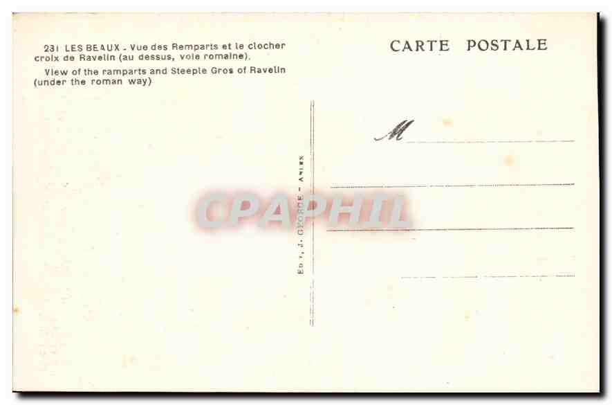 Les Beaux — Vue des remparts et le clocher croix de Ravelin (au-dessus, voie romaine) — Ed. J. GEORGE - ANIEN — Verso