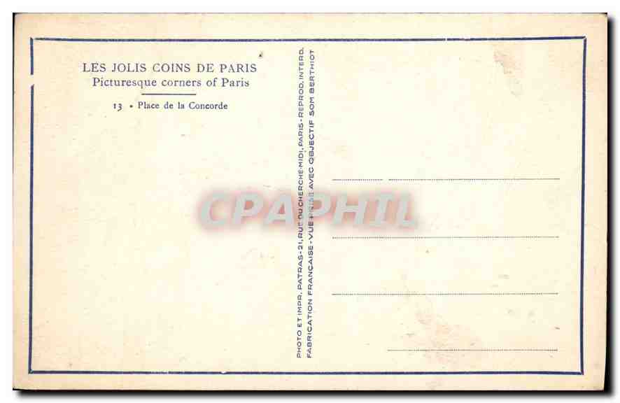 CPA Les Jolis Coins de Paris Place de la Concorde Tour Eiffel — Verso