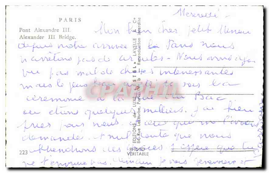 CPA Paris Pont Alexandre III  — Verso