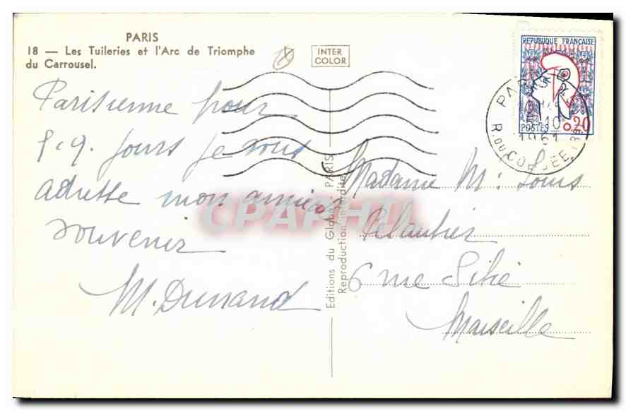 CPA Paris Les Tuileries et L'Arc de Triomphe du Carrousel  — Rückseite