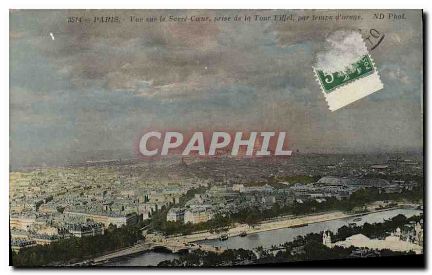 CPA Paris Vue sur le Sacre Coeur prise de la Tour Eiffel par temps d'orage 