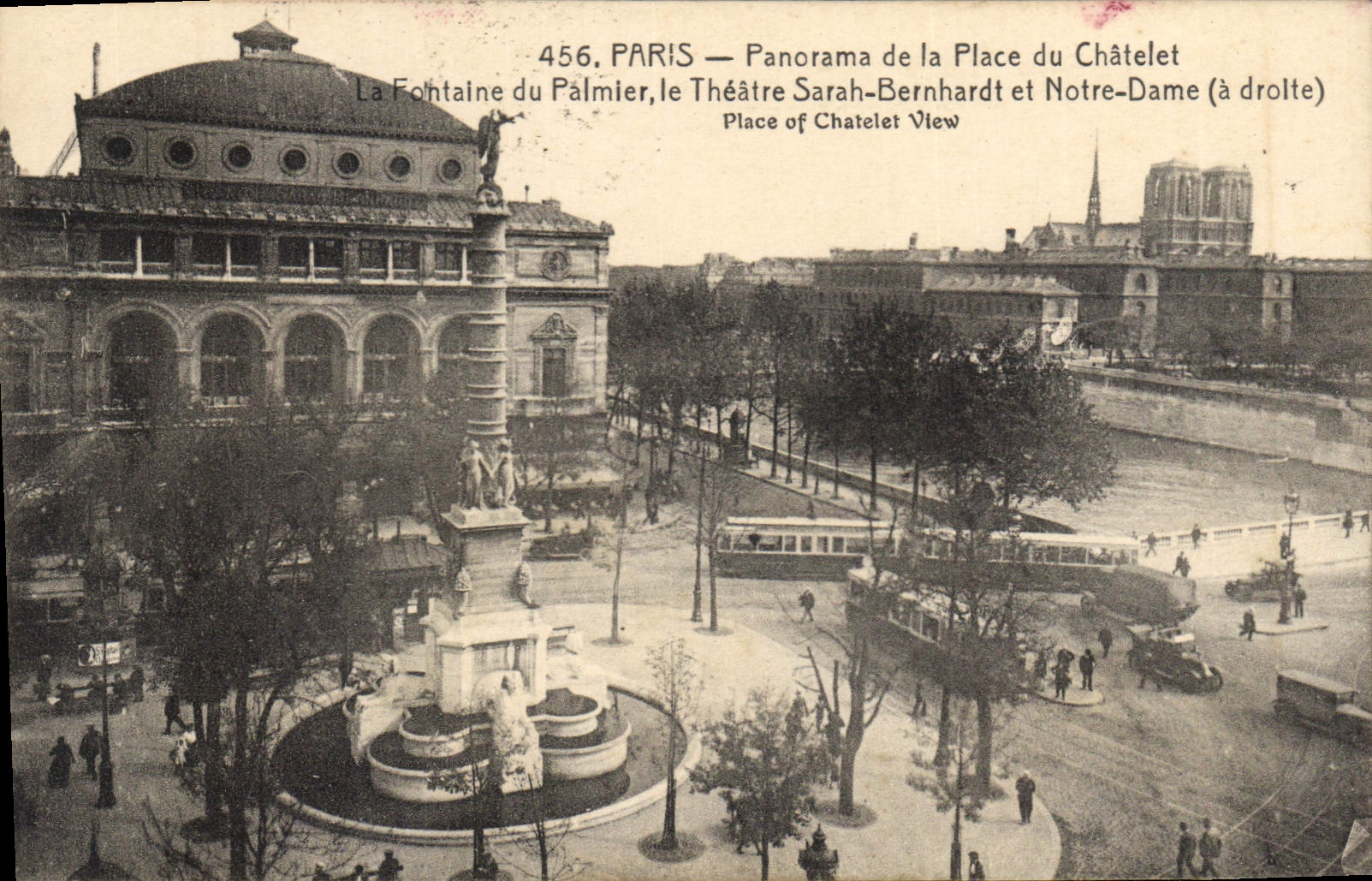 CPA Paris Panorama de la Place du Chatelet La Fontaine du Palmier le Theatre Sarah Bernhardt et Notr
