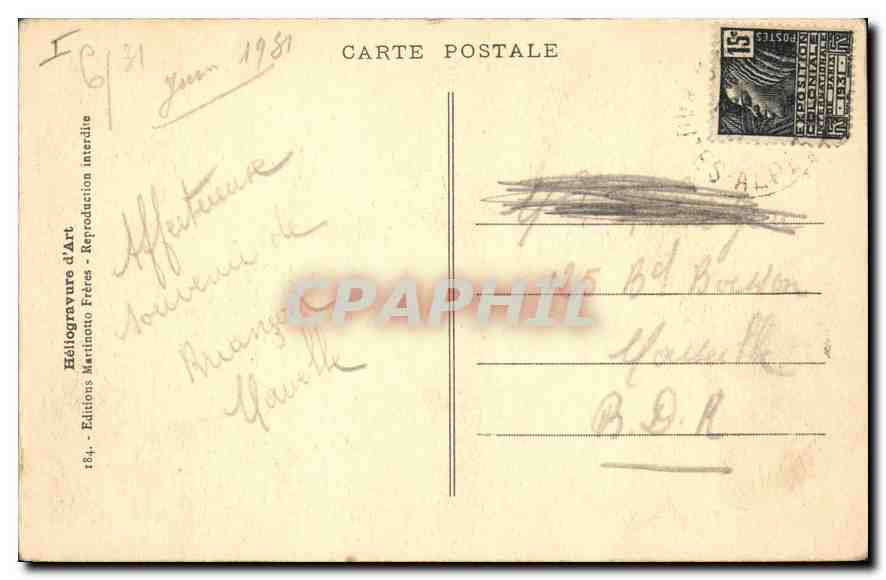 Le COL DU LAUTARET (2058 m.) et le Pic de Combeynot (3163 m.) — Héliogravure d'Art — Éditions Martinotto Frères — Verso