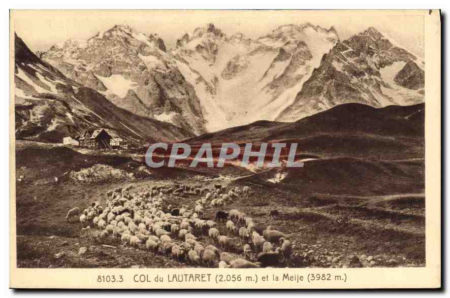 Col du Lautaret (2.056 m.) et la Meije (3982 m.) — vue alpine avec troupeau de moutons — A. Houltier, Grenoble