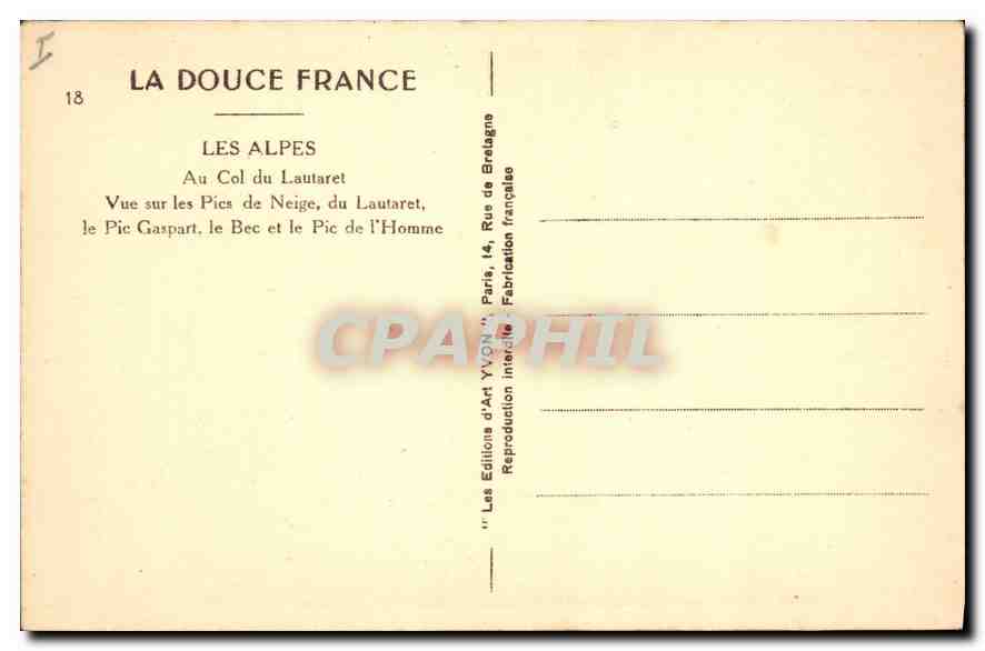 Les Alpes — Vue sur les Pics de Neige, du Lautaret, le Pic Gaspard, le Bec et le Pic de l'Homme — Les Editions d'Art YVON, Paris — Verso