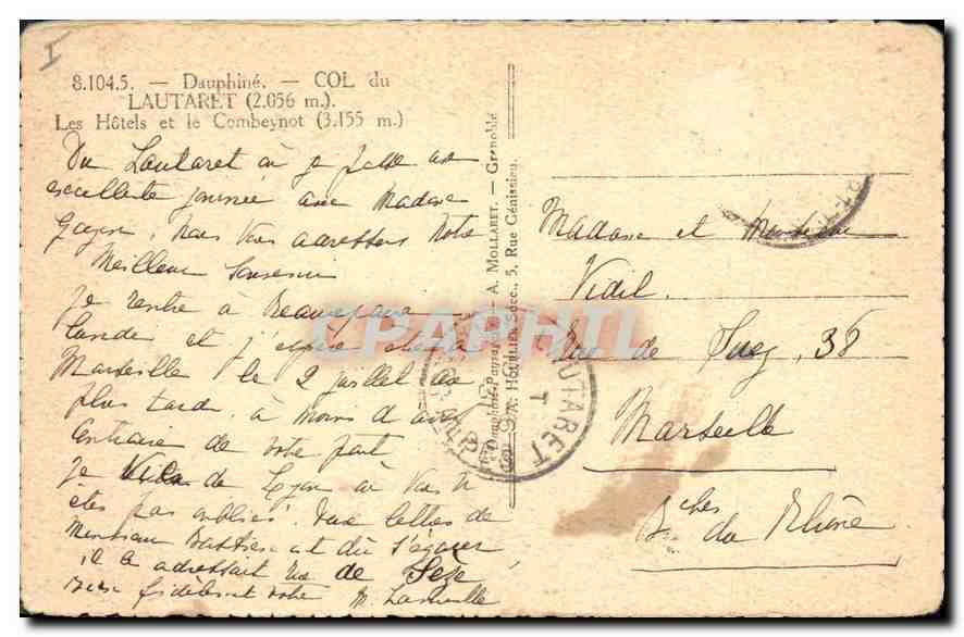 COL du LAUTARET (2.056 m) — Les Hôtels et le Combeynot (3.155 m) — Dauphiné — éditeur A. MOILLARD — Verso
