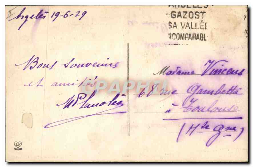 Argelès-Gazost — Vue générale de la ville basse — éditeur Labouche Fr., Toulouse — Rückseite