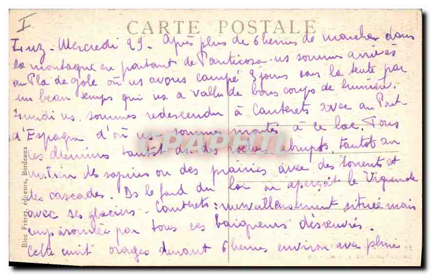 CPA Environs de Cauteret Lac de Gaube (alt 1726 m) — Rückseite