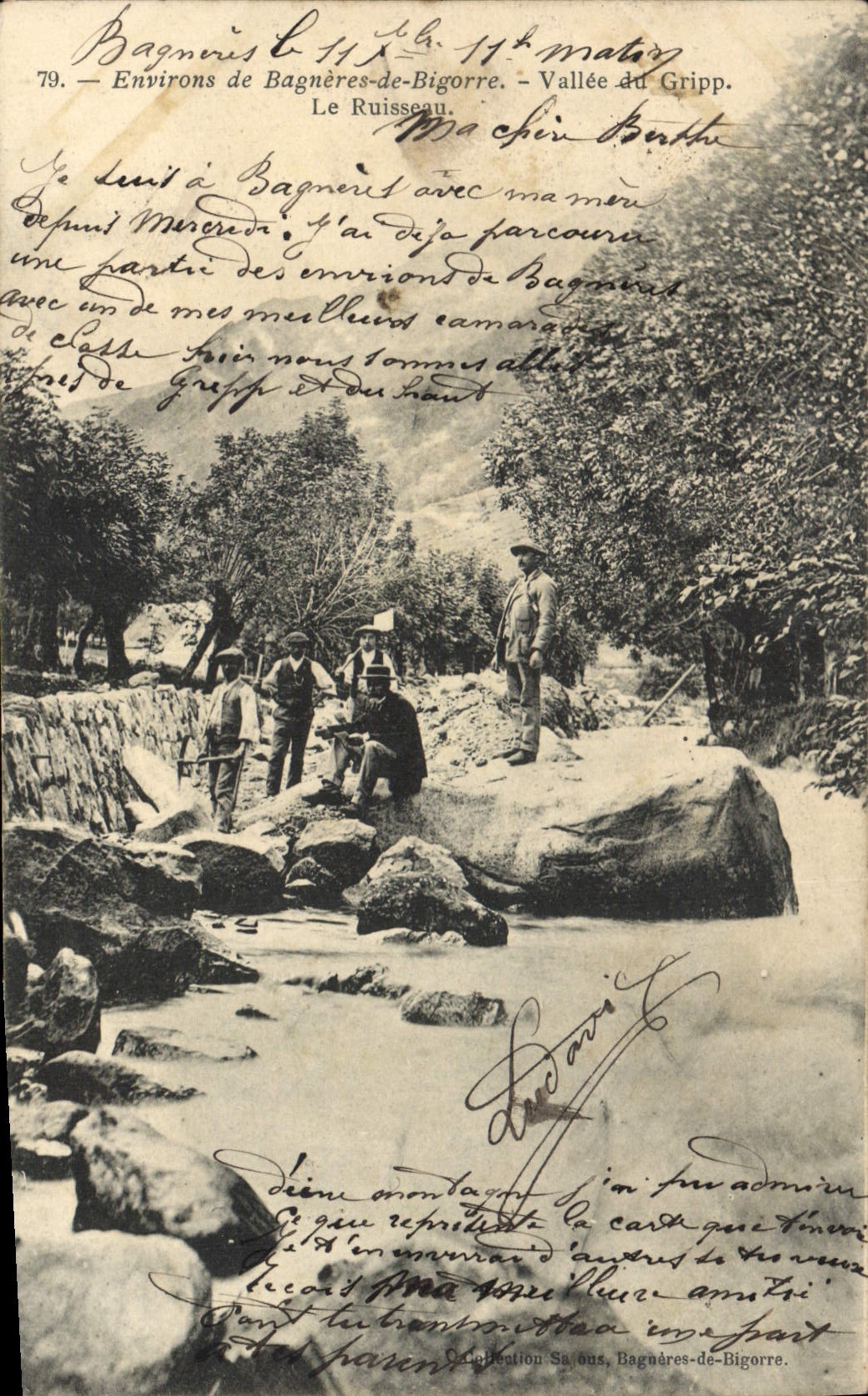 Bagnères-de-Bigorre — Vallée du Grimp — Escena de río con grupos de personas — Editor: Louis C. n°79