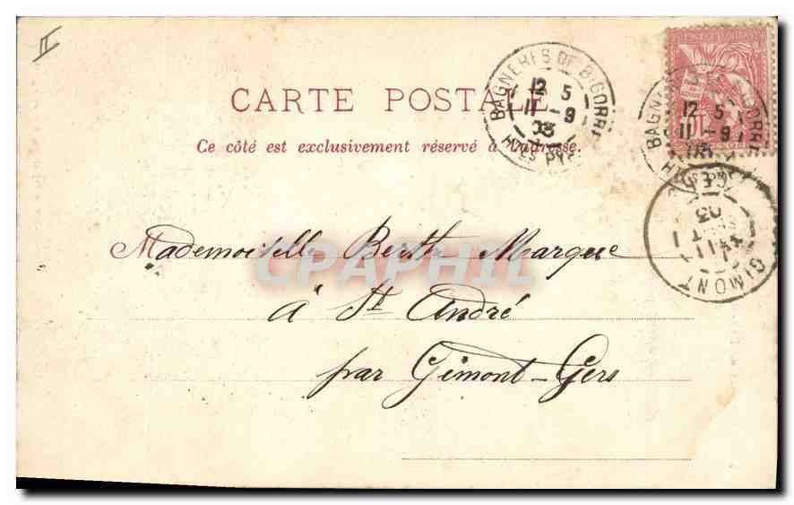 Bagnères-de-Bigorre — Vallée du Grimp — Escena de río con grupos de personas — Editor: Louis C. n°79 — Reverso