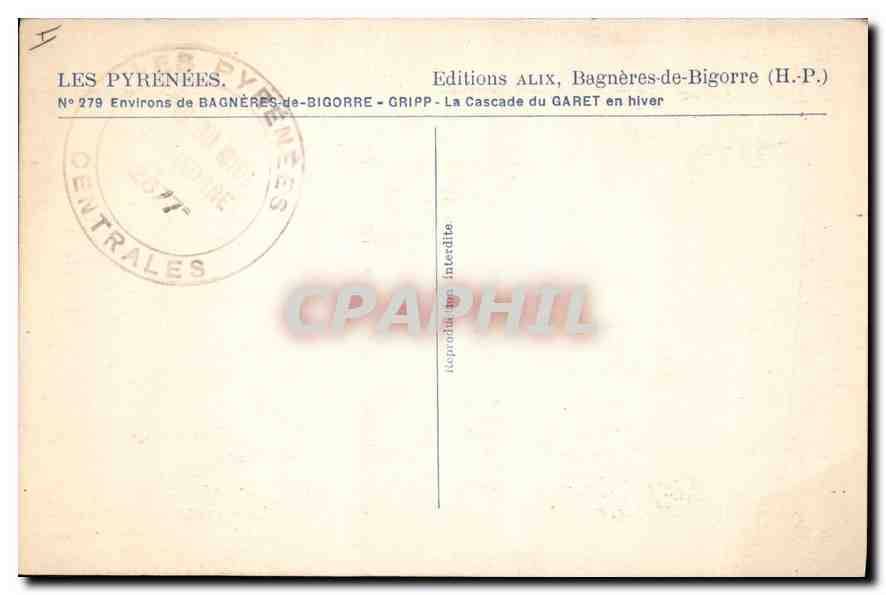 Cascade du Garet — hiver — Éditions ALIX, Bagnères-de-Bigorre (H.P.) — Verso
