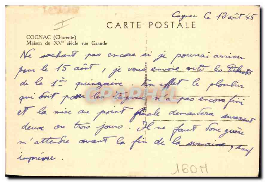 CPA Cognac (Charente) Maison du XVe siecle rue Grande — Rückseite