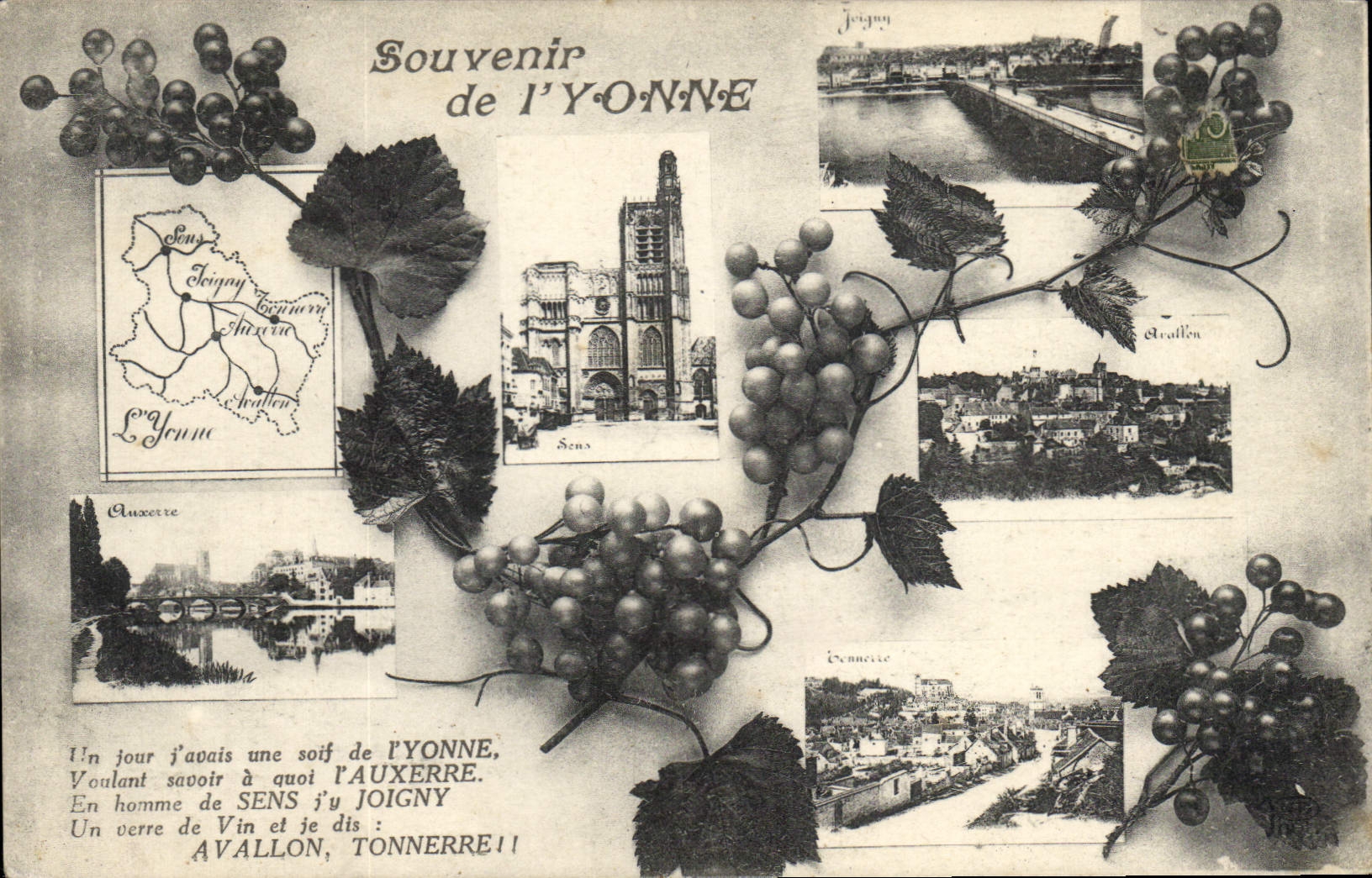 Souvenir de l'Yonne — Carte postale illustrée avec vignes et vues de Sens, Joigny, Auxerre, etc.
