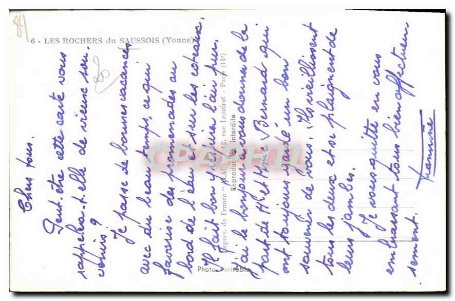 CPA Les Rochers du Saussois (Yonne) — Verso