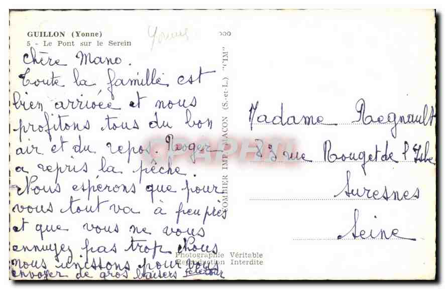 CPA Guillon Yonne Le Pont sur le Serein  — Back