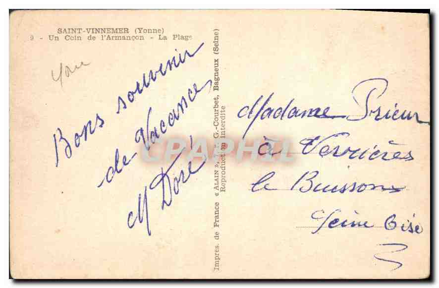 CPA Saint Vinnemer Yonne Un Coin de l'Armancon La Plage  — Verso