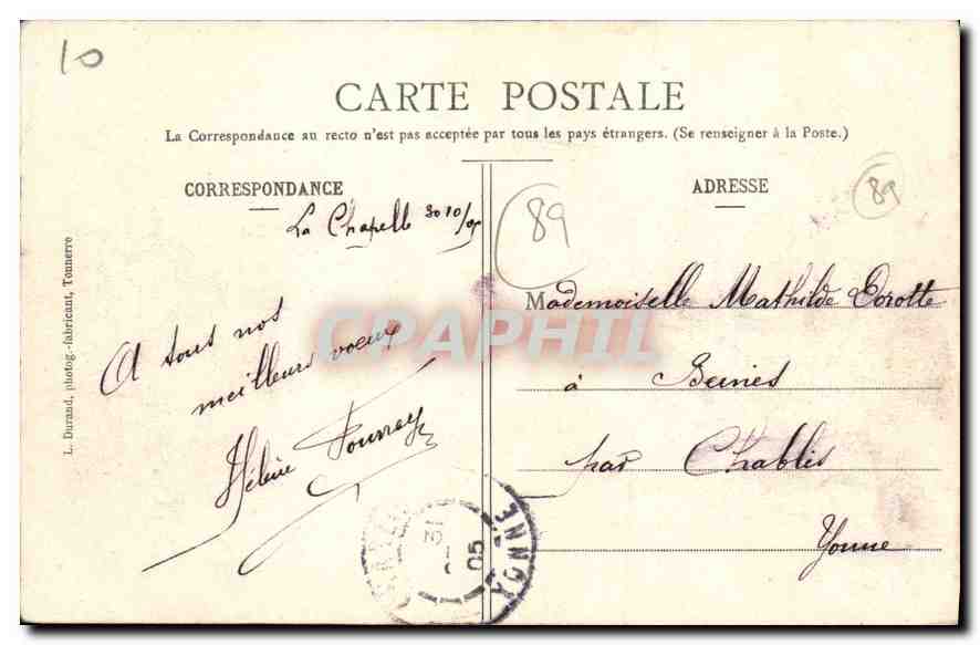 La Chapelle-Vieille-Forêt — Les Bords de l'Armançon — L. Durand, fabricant, Tournure — Reverso