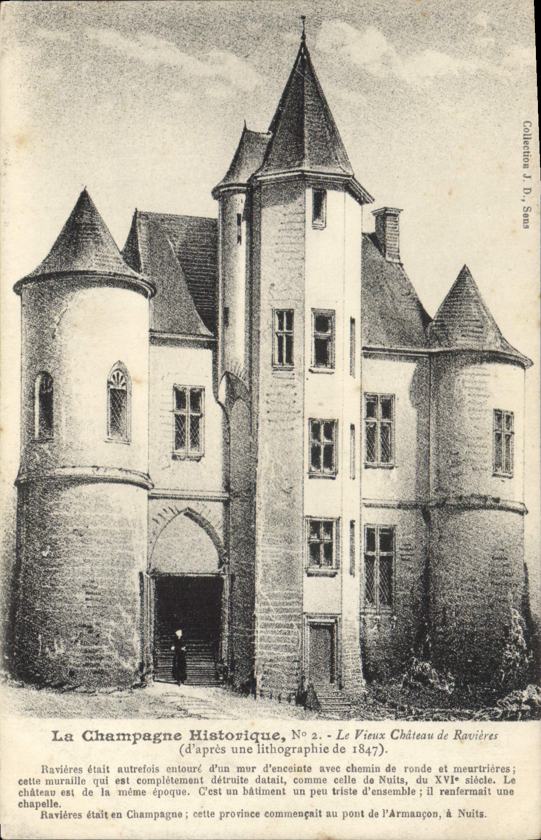 Das alte Schloss von Ravières — Champagnes Historique, Nr. 2 — nach Lithografie von 1847 — Sammlung J. D. Sens