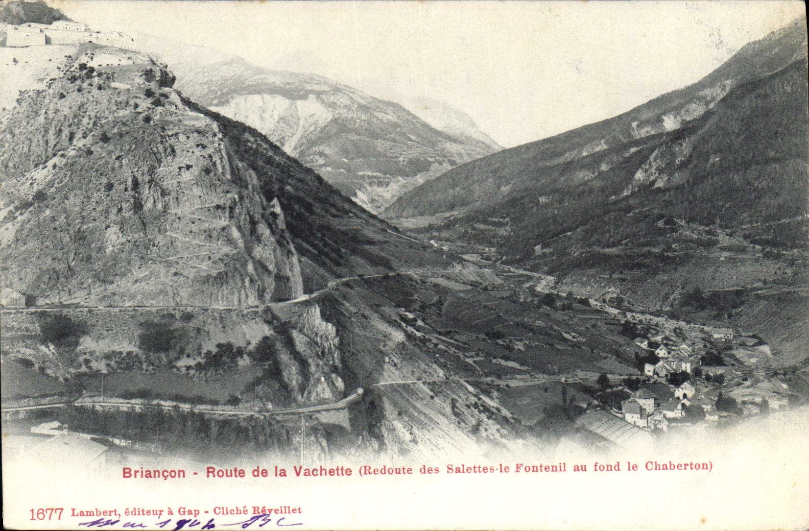 Briancón - Route de la Vachette (Redoute des Salettes-le Fontenil au fond le Chaberton) — Lambert, éditeur à Gap, cliché Réveillet