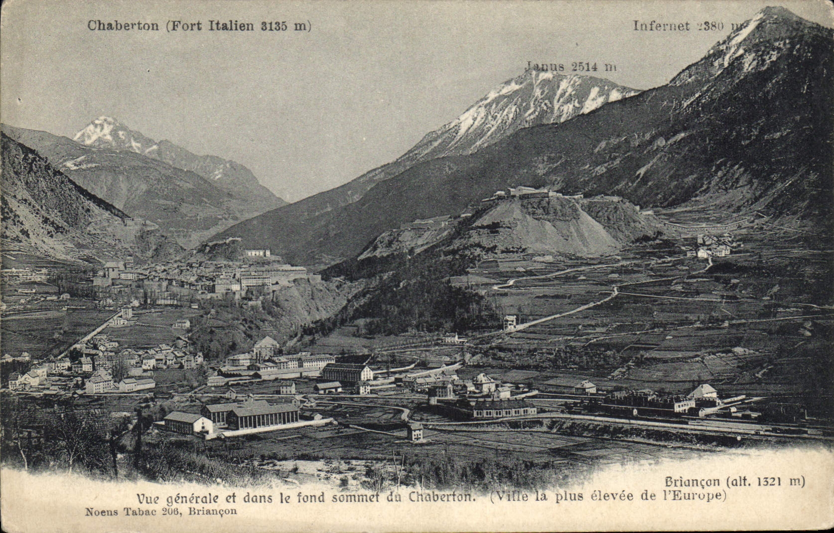 Chaberton (Fort Italien 3135 m) — Vue générale et dans le fond sommet du Chaberton. (Ville la plus élevée de l'Europe) — Noens Tabac 208, Briançon