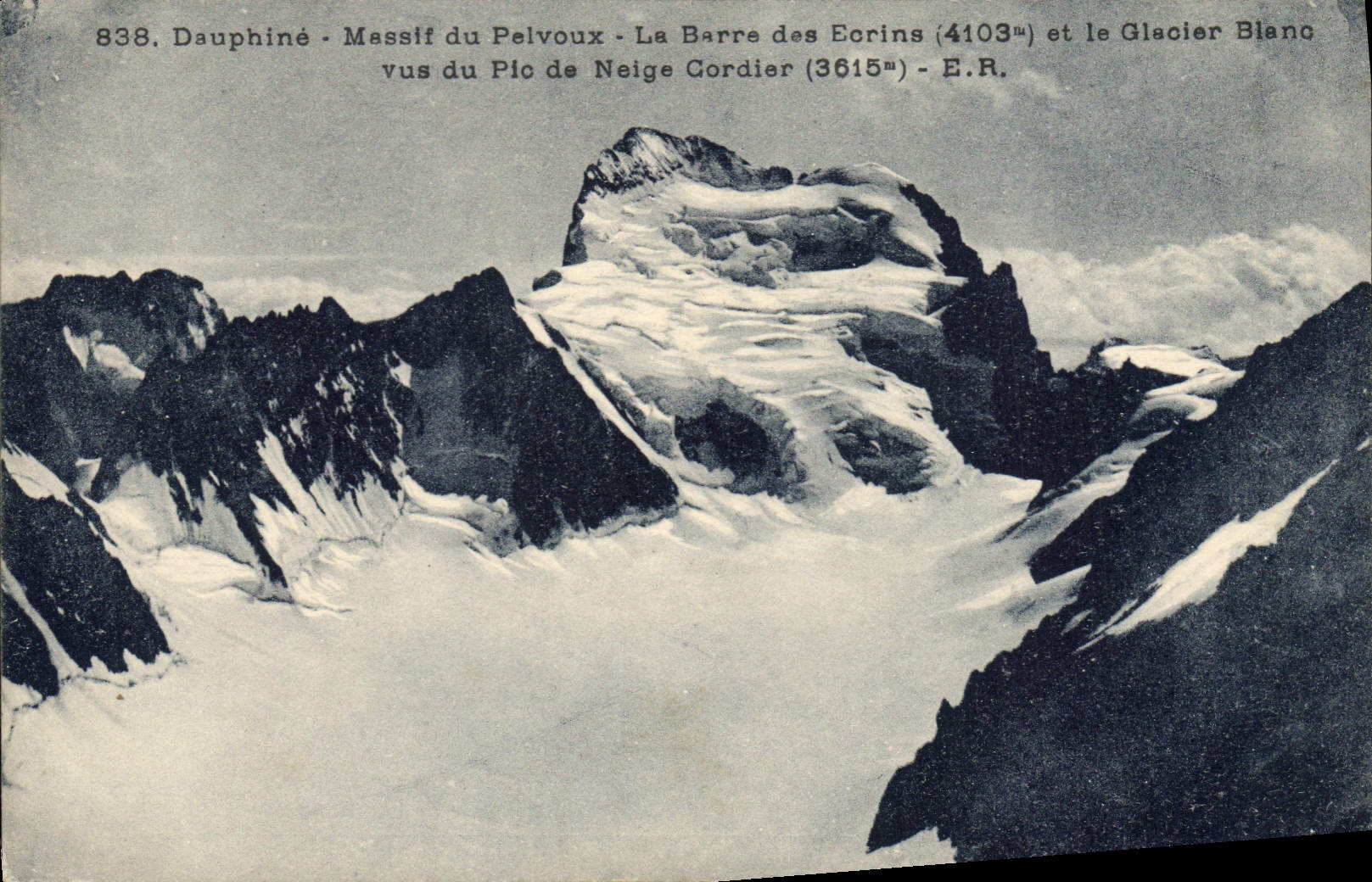 Massif du Pelvoux - La Barre des Ecrins (4103m) et le Glacier Blanc vus du Pic de Neige Gordier (3615m) - E.R. - n° 838