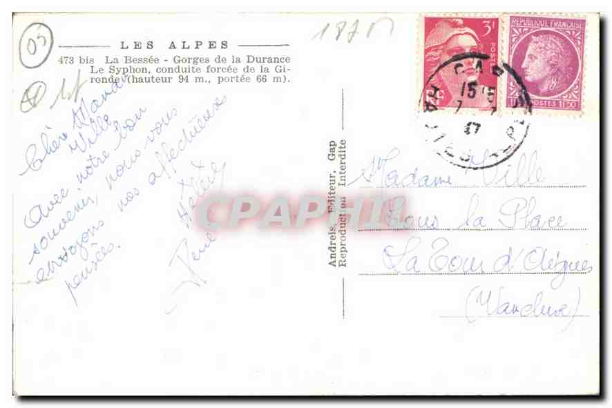 Les Alpes — Les Gorges de la Durance — Le Syphon (hauteur 34 m, portée 68 m) — Andréas, éditeur, Gap — Verso