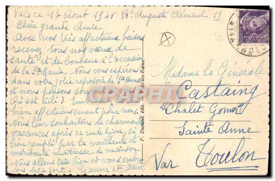 Vals-les-Bains — Vue générale sur le casino et le quartier des sources — P. Dubonk édit. — Rückseite