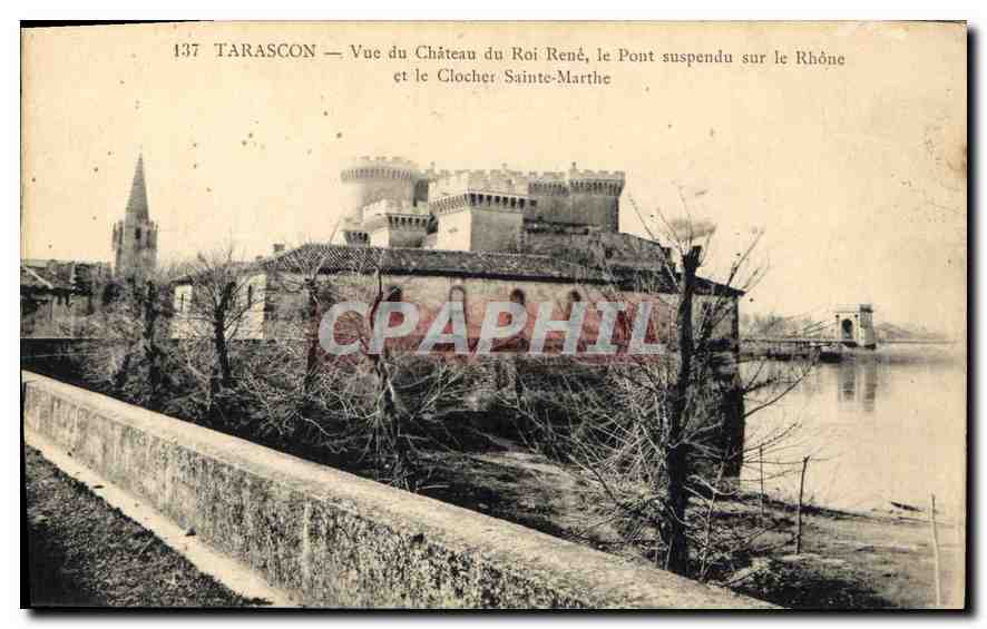 CPA Tarascon Vue du Chateau du Roi Rene le Pont suspendu sur le Rhone et le Clocher Sainte Marthe 