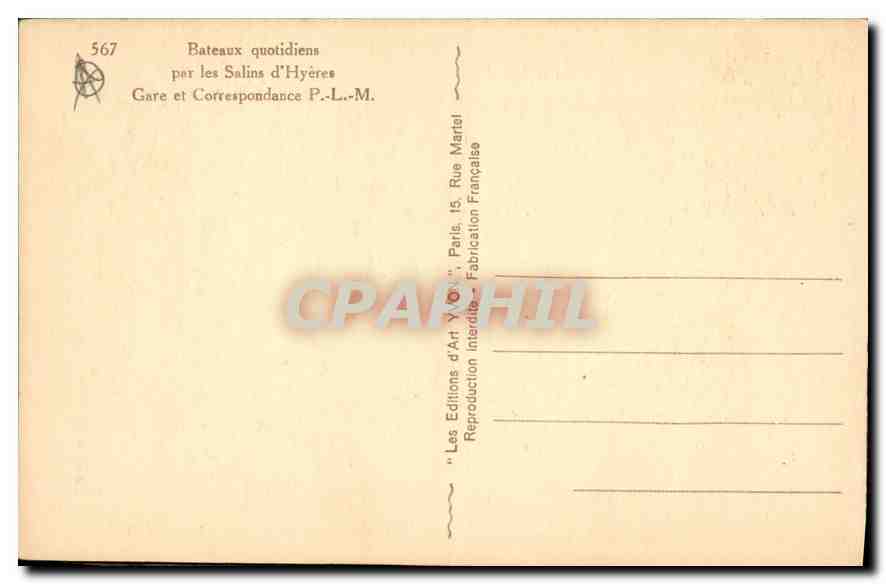 CPA Bateaux Quotidiens par les Salins d'Hyeres Gare et Correspondance PLM  — Back