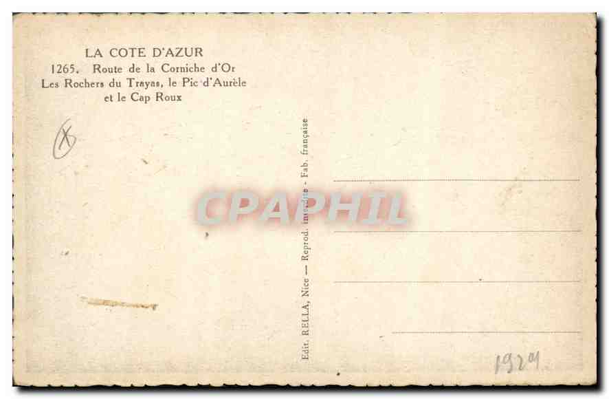 Die Rochers du Trayas, der Pic d'Aurèle und der Cap Roux — Straße der Goldenen Promenade — Verlag BELLA, Nice — Nr. 1265 — Rückseite