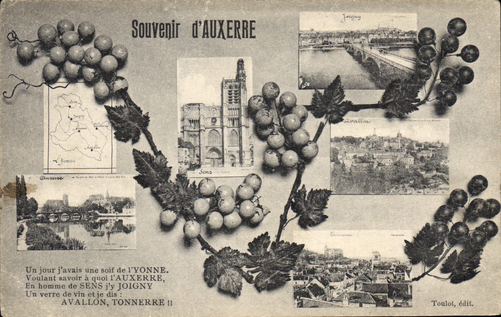 Souvenir d'AUXERRE — avec vignes, cartes postales de Joigny, Sens, Avallon et Courgeac — éditeur Toulot
