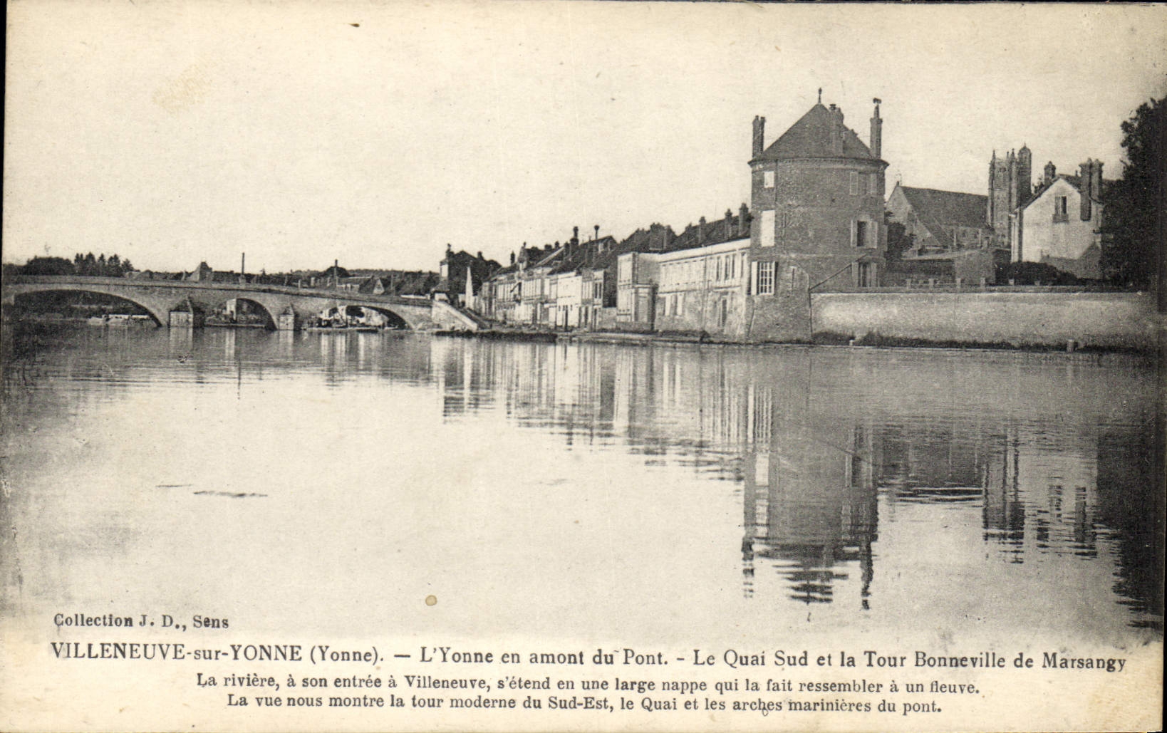 Villeneuve-sur-Yonne (Yonne) — L’Yonne en amontes del Puente, el Lado Sur del Muelle y la Torre Bonneville de Marsangy