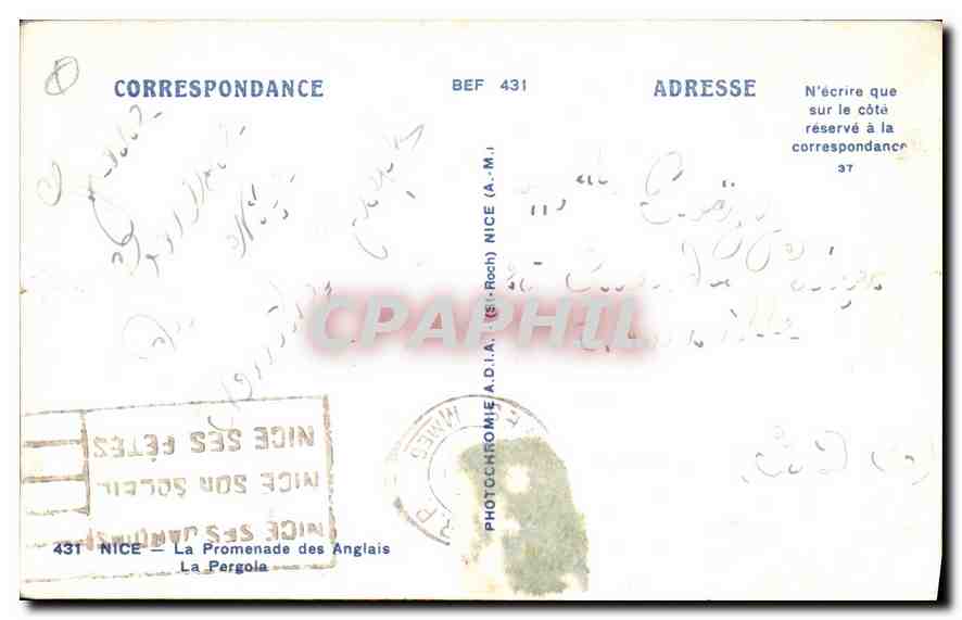 CPA Nice La Promenade des Anglais la Pergola  — Rückseite