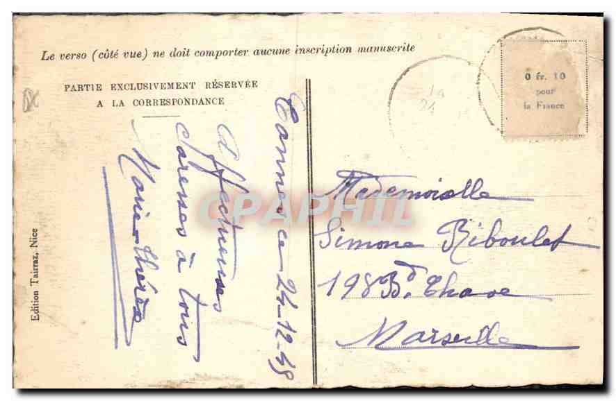 CANNES — Le Phare et le Mont Chevalier — Édition Tairraz, Nice — Verso