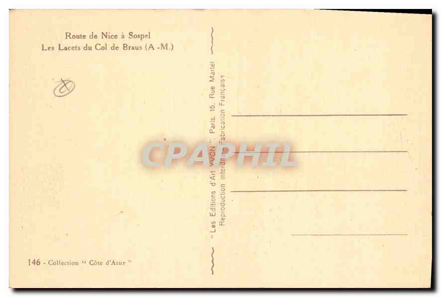 Route de Nice à Sospel — Les Lacets du Col de Braus (A-M.) — Les Éditions d'Art Français — Verso