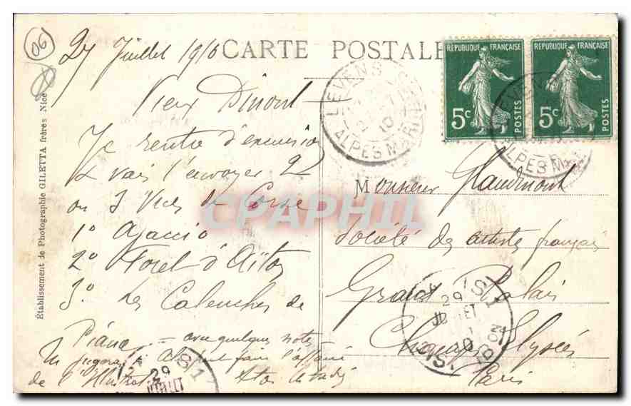 Excursion à 30 kil. de Nice (Alt. 505m) — Saut des Français à Duranus, Vallée de la Vésubie — Éditeur Gilletta, n° 1213 — Reverso