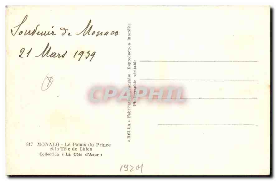 CPA Monaco Le Palais du Prince et la Tete de Chien  — Rückseite