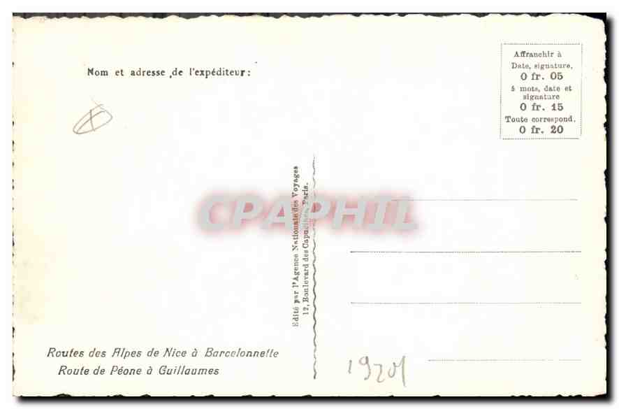 CPA Routes des Alpes de Nice a Barcelonnette Route de Peone a Guillaumes  — Rückseite
