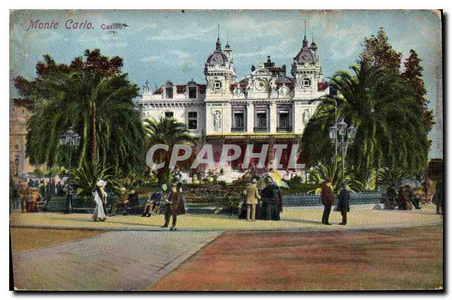 Monte Carlo. Casino — vue du bâtiment et des palmiers — éditeur non visible