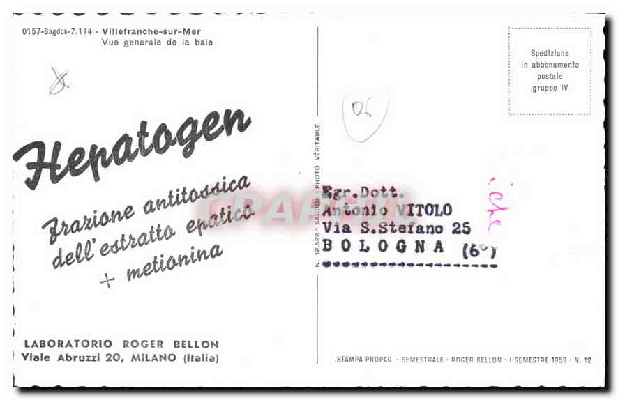 CPA Laboratorio Roger Bellon Viale Abruzzi Milano Italia Villefranche sur Mer Vue generale de la bai — Rückseite