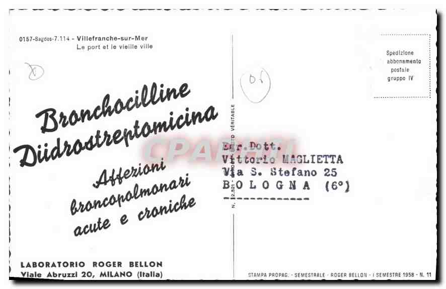 CPA Laboratorio Roger Bellon Viale Abruzzi Milano Italia Villefranche sur Mer Le port et le vielle v — Rückseite