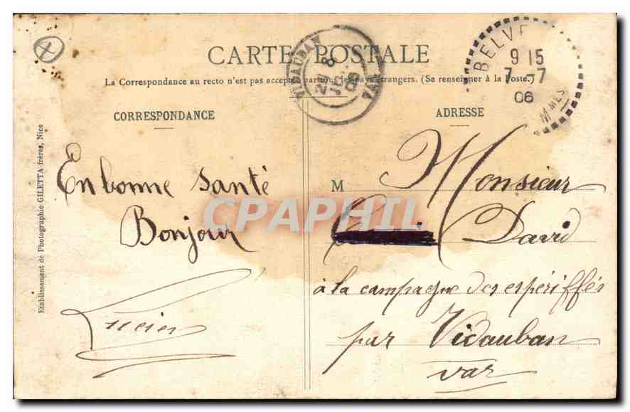 CPA Collection Artistique Valle de la Vesuble Belvedere et le Tournairet Vue prise de l'Hotel Bellev — Rückseite