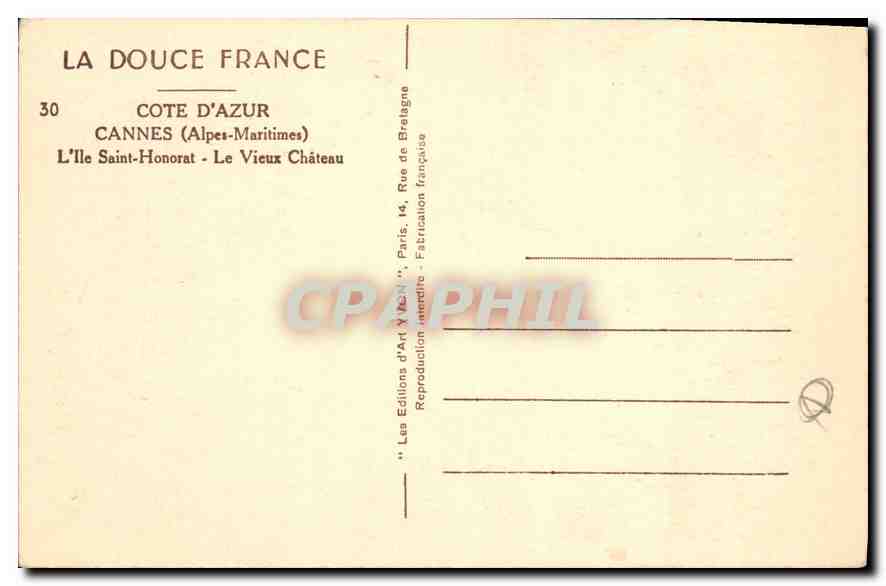 CPA La Douce France Cote d'Azur Cannes Alpes Maritimes l'Ile Saint Honorat  — Verso