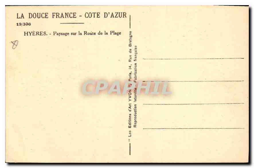 Hyères - Paysage sur la Route de la Plage — Les Éditions d'Art Yvon, 14, Rue de Paris — Rückseite