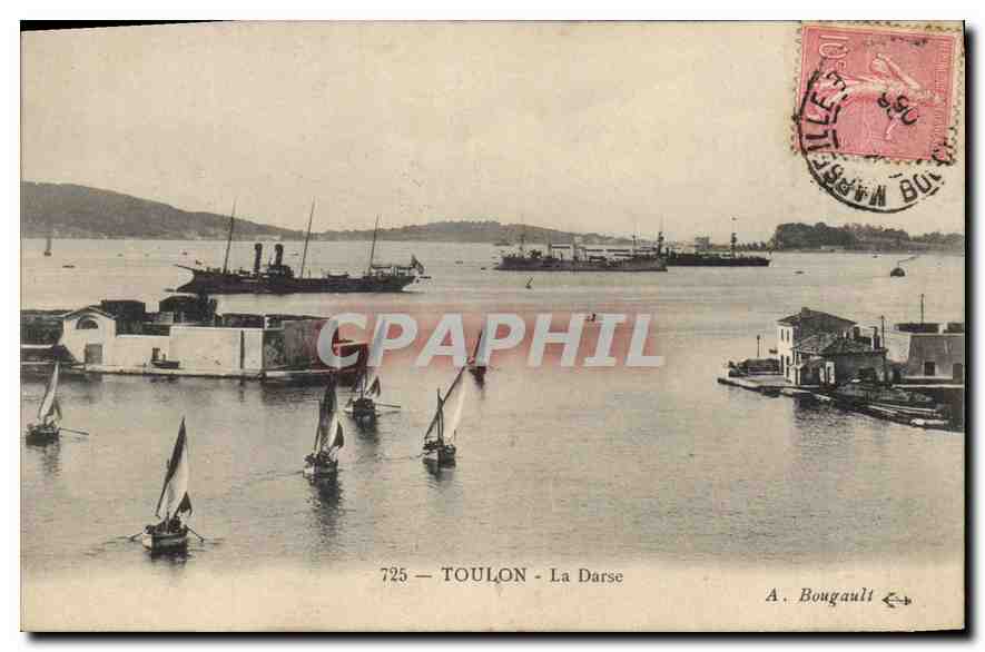 Toulon - La Darse — vue portuaire avec voiliers et navires — A. Bougault n°725