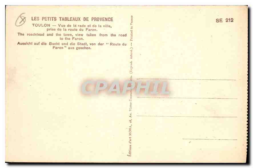 Toulon — Vue de la rade et de la ville — prise de la route du Faron — Édition Mona — Verso